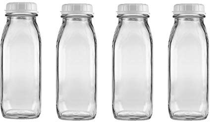 The Dairy Shoppe Glass Milk Bottle, Heavy Glass with Lid, Creamery Style (4, Pint)