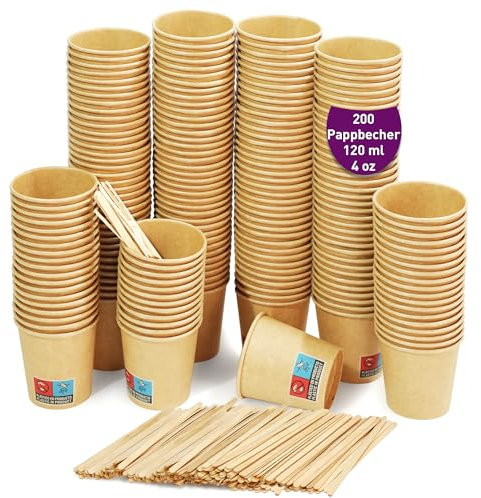GoBeTree 200 gobelets jetables en kraft pour café de 120 ml / 4 oz, gobelets en carton kraft jetables avec agitateurs en bois pour café. Pour boissons chaudes et froides