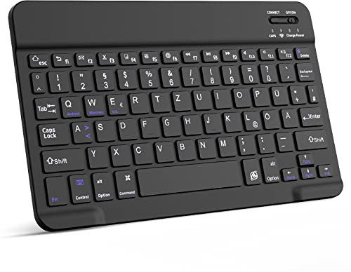 ZOYU Bluetooth Tastatur mit QWERTZ Layout für iPad Air, Pro, 10,2, 9,7, Mini, Tablets, PC, Windows, Smartphone, Android, MacOS, Leichte und Dünne Kabellose Deutsche Tastatur, Schwarz