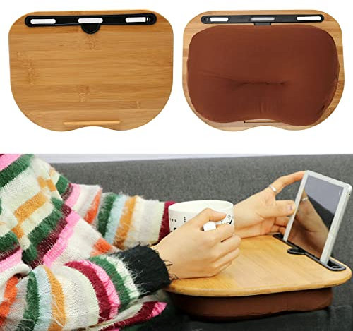 Laptop Desk, Bamboo Wood Portable Lap Desk with Pillow Cushion and Tablet Slot, Fits Up to 15.6 Inch Computer for Working Writing Drawing for Adult Kids Gifts