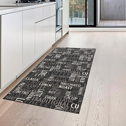 Teppich-Traum Kaffee Küchenläufer grau mit Gelrücken und Schriftzug in beige und weiß, 67 x 180 cm