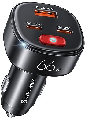 SYNCWIRE USB-C-Autoladegerät mit [Batterieleckage-Prävention] 66W Super-Schnellladegerät für das Auto mit PD & QC 3.0, kompatibel mit iPhone/Samsung Galaxy/Google Pixel/Moto/Android, iPad Pro, usw