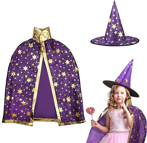 AIXIMA Cape Du Magicien d'Halloween,Déguisement Sorcier Enfant,cape et chapeau de sorcière,Convient Aux Enfants Garçons Filles Costume d'halloween de Cosplay de Carnaval (Violet)