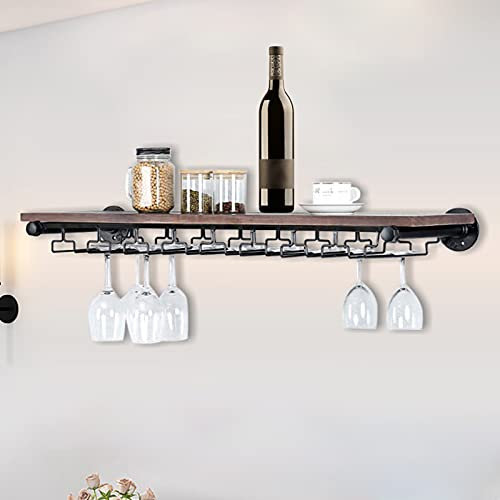 Soporte para copas de vino, soporte para copas de vino, soporte para copas de vino, estante colgante de hierro y madera para cocina/sala de estar/comedor
