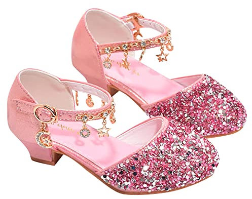 Scarpe da ragazza con tacco basso strass, archi, tacco basso, principessa, festa di nozze per bambini, bambini piccoli Eva 38, Rosa A, 31 EU