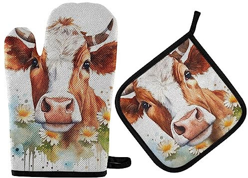 Segur Ofenhandschuhe und Topflappen, hitzebeständig, rutschfest, waschbar, Küchenhandschuh, zum Kochen, Backen, Grillen, Aquarell-Kuh mit Gänseblümchen, 2-teilig