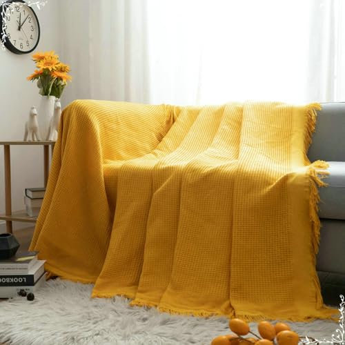 Ayoiow Sofaüberwurf Wasserfest Sofa Überzug Gelb Sofahusse 1Sitzer Baumwolle Einfarbig Mit Quasten