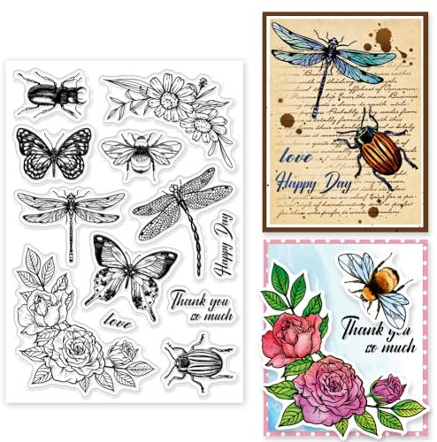 INFUNLY Transparente Insekten-Stempel 6.3x4.3 Schmetterling Libelle Biene Transparenter Silikonstempel Blumenkäfer Gummistempel Für DIY Scrapbooking Geburtstag Fotoalbum Weihnachtskarten Journaling