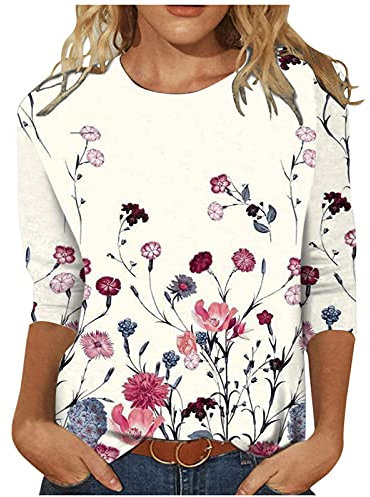3/4 Sleeve Tops for Women UK,T Shirts Ladies Elegant Floral Print Party Cute Summer Tee Shirts Crew Neck Workout Basic Shirt Three Quarter Loose Fit Blouses Pullover Tunic Tops