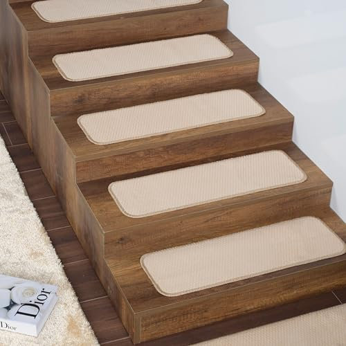 emmahome Non-Slip Washable Carpet Stair Treads, Self-Adhesive Stair Mats/Rugs for Kids Elders and Pets, Saliva 20x65cm, (13, Beige)