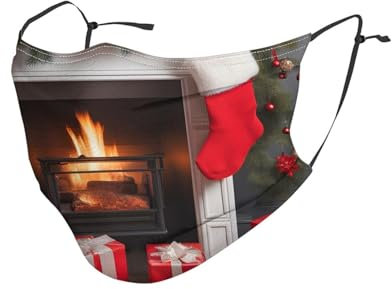 BROLEO Wiederverwendbare Masken für Erwachsene, weich, atmungsaktiv, geeignet für Camping, Laufen, Reisen, den täglichen Gebrauch, Weihnachten, Kamin, Geschenke und rote Socken, Bild, 5 Stück