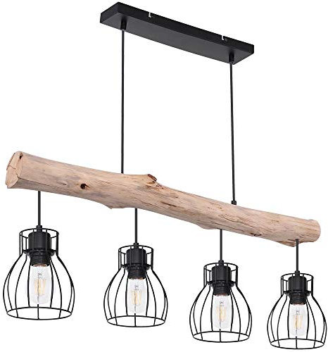 Globo Esstischleuchte Hängelampe 4 flammig Pendelleuchte mit Holzbalken Pendellampe Gitterschirme, Metall schwarz Holz natur, 4x E27 LxBxH 82,5x13,6x140cm