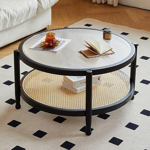 Runder Couchtisch mit Ablage, Rattan, 80 cm, kleiner Glas-Couchtisch für Wohnzimmer, moderner Stil, Bauernhaus, Holz, Couchtisch, Wohnzimmer, Couchtisch, Kreis, einfache Montage (Farbe: Schwarz)