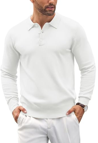 COOFANDY Mens Polo Jumper Long Sleeve Poloshirts Knitted Sweater Basic Sweatshirts Solid Color Pullover White 3XL