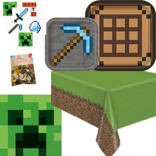 Unique Minecraft Birthday Party Supplies - Includes Plates, Napkins, Tablecloth, Confetti, Tattoos - Green, Pixelated Design