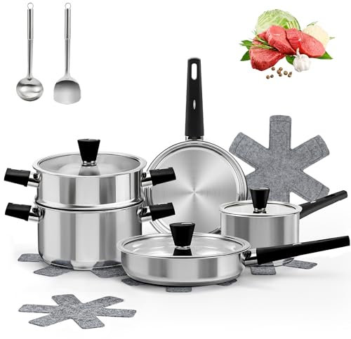 Lot de 14 Casseroles et Poêles à Induction en Acier Inoxydable - Poignées Froides, Vapeur, Ustensiles et Protège-Casseroles - Lave-Vaisselle