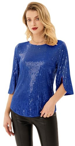 Damen Pailletten Bluse 3/4 Ärmel Loose Fit Rundhals Tops Elegant Casual Shirt Blau L