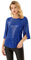 Damen Pailletten Bluse 3/4 Ärmel Loose Fit Rundhals Tops Elegant Casual Shirt Blau L