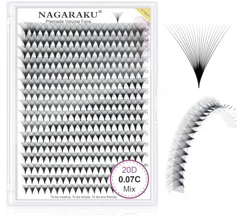 NAGARAKU Eyelash Extensions 320 Pcs Premade Fans 20D Russian Volume Fans Thin Pointy Base Natural Pre Fanned Fluffy False Eyelash Clusters Black 16 Rows (0.07 C Curl 9-14mm Mix Tray)