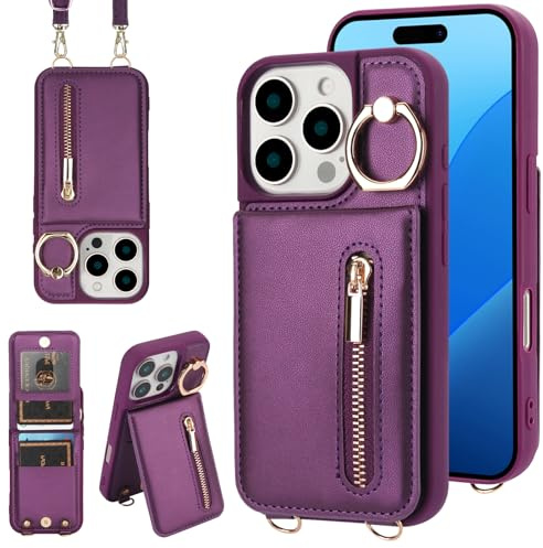 Jcxtrombulous Crossbody Wallet Case for iPhone 13 Pro with Lanyard Strap Card Slot Holder [RFID Blocking] 360° Kickstand,Magnetic Flip Folio Zipper Purse Case, PU Leather Cover Handbag,Deep Purple