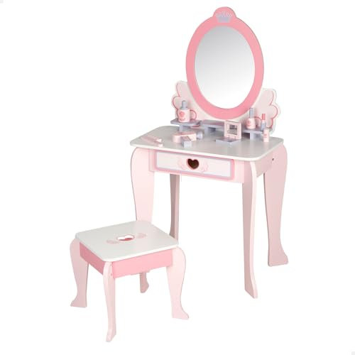 WOOMAX Tocador de Maquillaje para niñas con Taburete Madera y Espejo plexiglás, 50x34x92 cm, Colores Pastel, Tocadores Infantiles, Accesorios interactivos, Juguetes niños 3 años (33047)