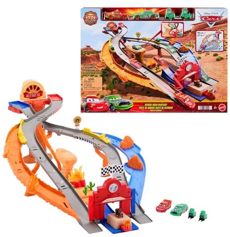 Mattel Disney Pixar Cars Rescate a toda máquina en Radiador Springs Circuito de carreras de rescate Conjunto con Rayo McQueen y Chick Hicks con 2 vehículos del equipo de Pitties, JFL57