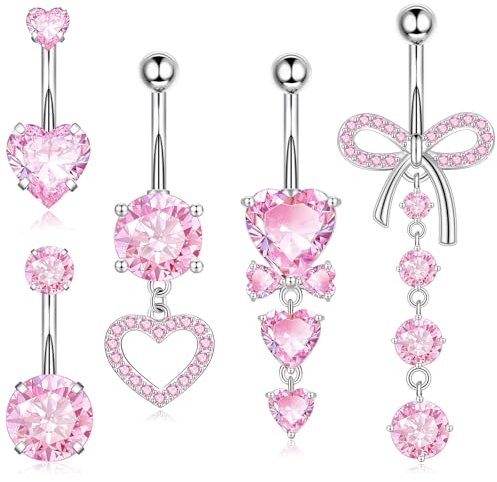 CharmBurst 5 pezzi anello ombelico per donne, piercing ombelico in titanio impermeabile con cuore e fiocco, gioielli piercing ombelico rosa