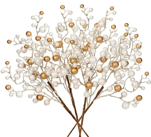4pcs Large Christmas Berry Stem Glitter Artificial Berries Picks 48cm Artificial Fruits Picks White Gold Berry Branches for Christmas Tree Decorations Floral Arrangement Filler for Home Wedding
