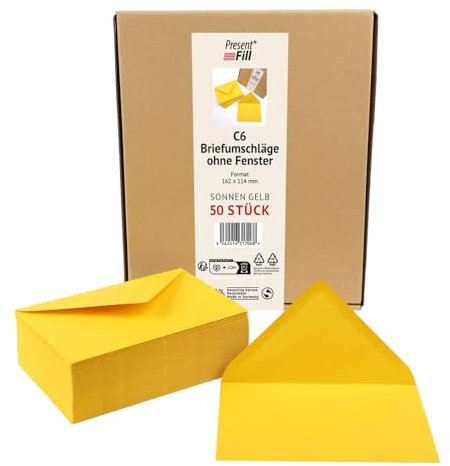 PresentFill® 50 x Briefumschläge Sonnen Gelb C6-162 x 114 mm ohne Fenster I 100% Recycling Kraftpapier I 120 g/m² stark I Blauer Engel zertifiziert I Made in Germany