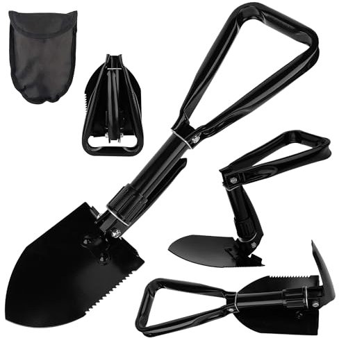 Mini Folding Camping Shovel - 46cm Survival Shovel with Saw Edge for Digging, Backpacking, Gardening, Hiking, Hunting, Portable Entrenching Tool, Foldable Steel with Storage Bag, Multifunctional