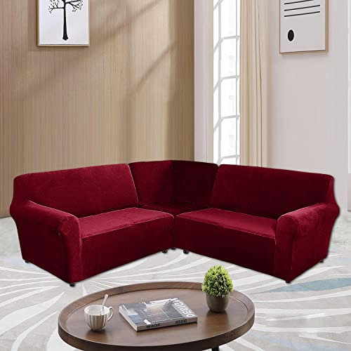 Samt-Stretch-Sofabezüge in L-Form, für 5-Sitzer, Ecksofa, waschbar, Möbelschutz, Rot