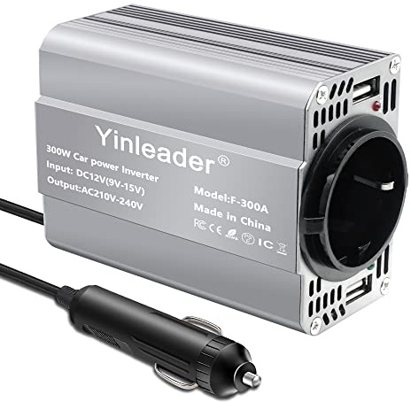 Yinleader 300W 12V auf 230V Kfz-Wechselrichter KFZ Spannungswandler mit 1 EU Steckdose, 2 USB-Anschlüssen für Auto, Zigarettenanzünder, Laptop, Camping