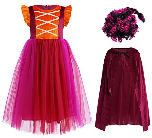 IWEMEK Hocus Pocus Kostüm Kinder Mary Sanderson Kostüm, Mädchen Hexenkostüm Fliegende Ärmel Samt Tüll Hexenkleid Kapuzenmantel Karneval Geburtstag Party Halloween Verkleidung Outfit Braune Perücke