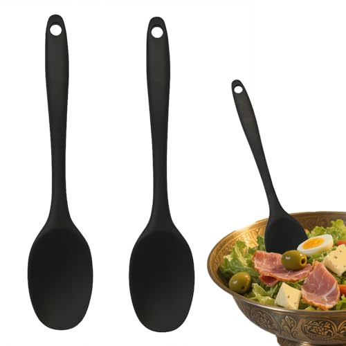 2PCS Silicone Nonstick Kitchen Spoon Set, Heat-Resistant Cooking Utensils for Stirring, Scooping & Mixing, Soft Nylon Core with Scratch-Proof Silicone Coating, Easy-Clean Black Spoons