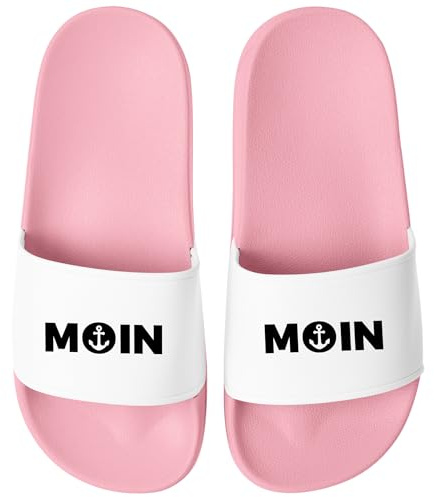 MoonWorks® Badeschlappen Moin Aufdruck Anker Logo Badelatschen Unisex Herren Damen Badeschuhe Männer Frauen Urlaubsgadget Rosa-weiss 38