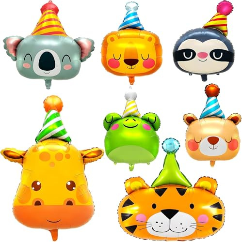 7 Pcs Jungle Safari Animals Balloons, Safari Animals Head Foil Balloons, Cartoon Animal Balloon,Ginat Animals Head Aluminium Foil Balloon Jungle Theme Party Decorations for Birthday