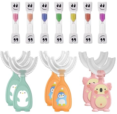 Lot de 6 brosses à dents en forme de U pour enfants - 7 pièces - Sablier - Pour le brossage des dents des enfants - Minuterie de brossage des dents de 2 minutes - Design tête de brosse en U