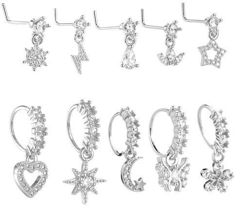 HekouJiub 10Pcs Dangle Nose Ring Hoop 20G CZ Dangling Nose Stud L Shaped with Charm Indian Piercing Jewelry for Women