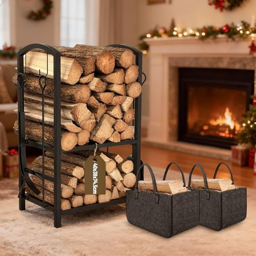 Soontrans Kaminholzregal Innen mit 4 Kaminwerkzeugen & 2 Holzkorb für Kaminholz aus Filz, 40 x 38 x 74.5 cm, Brennholzregal 2 Ebenen Formbar Holzlager Metall für Terrasse Balkon Garten