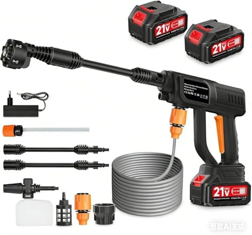 Lightasea Akku Hochdruckreiniger,120 Bar/1700PSI Mobile Hochdruckreiniger,21V Hochdruckreinigers Akku mit 2 Akkus, 6-in-1-Multifunktionsdüse, 5M Schlauch, Filterkessel,für Autos,Rasen,Pools,Gärten