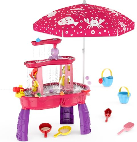HYES Wassertisch für Kinder, 3-Tier Splash Sandtisch Wasserspieltisch mit Schirm, Regenduschen Splash Teich für den Strand im Freien Outdoor Garten Sommer, Wasser Spieltisch für Jungen Mädchen 3 4 5