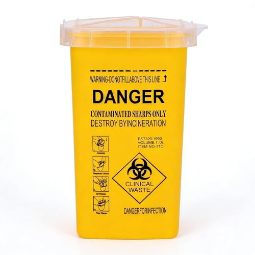1L Yellow Sharps Bin with Locking Lid, Compact Needle Disposal Container, Leak-Proof Sharps Box for Home Clinics Tattoo Parlours & Travel