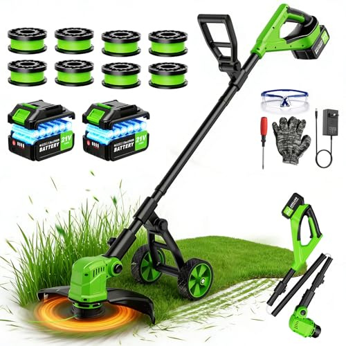 Decespugliatore a Batteria con Ruota,36CM Tagliaerba a Batteria con 2 × 3,0 Ah Batteria e Caricatore,Motore Brushless da 800W,Decespugliatore Elettrico con 8 Bobine di Ricambio per Giardino e Prati