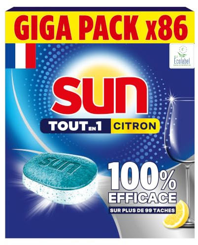 Sun - Tablettes Lave-Vaisselle, Tout-en-1, Citron, 86 Pastilles | Détergent pour lave-vaisselle éliminant 99 taches, formule 80% naturelle, action dégraissante et anti-calcaire sans rinçage