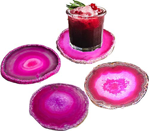 JIC Gem Untersetzer aus Achat, gefärbt, 8,9–10,2 cm, natürlicher Achat, für Kaffeetassen, Heimdekoration, mit Gummi-Stoßdämpfer, 4 Stück