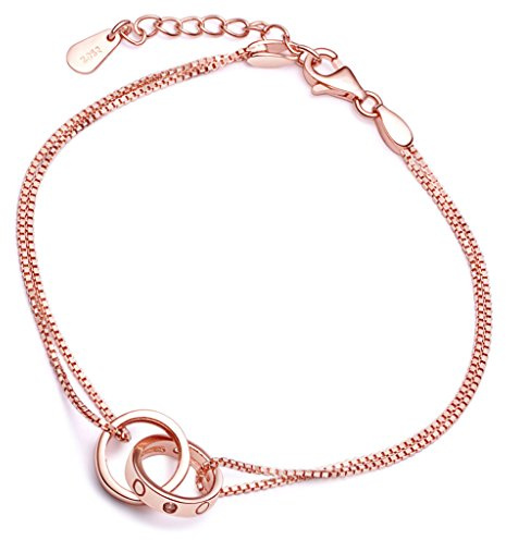 Yumilok Roségold 2 Verschlungene Ringe 925 Sterling Silber Zirkonia Charm-Armband Armkette Doppel Ketten für Damen Frauen Mädchen, 6.5-7.5 Verstellbar