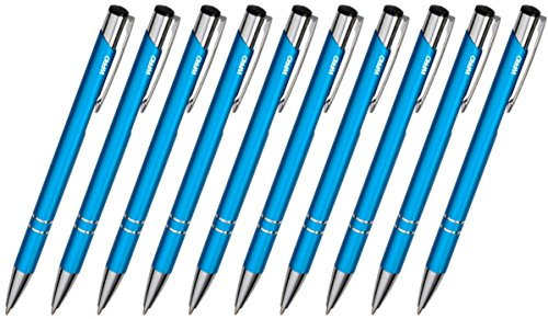 WPRO 10 Stück Metall Kugelschreiber Cosima türkis – Blauschreibend mit austauschbarer Großraummine, Aluminiumgehäuse mit Clip, 1,0 mm Strichstärke – für Büro, Schule, Alltag, Geschenk, Werbung
