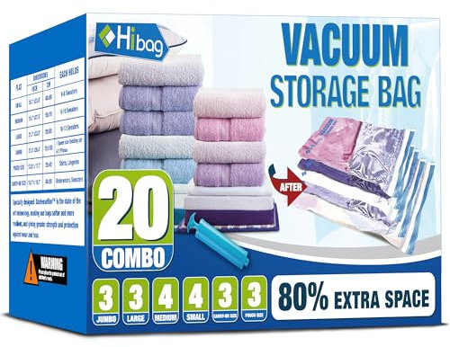 Premium Space Saver Bags 20 Pack Vacuum Compression Bags (2Small, 6Medium, 5Large, 5Jumbo, 2 Roll Up Bags No Vacuum Needed And 1 Free HandPump