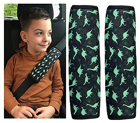 HECKBO 2x Kinder Auto Gurtpolster Gurtschutz mit Dinosaurier Dino Motiv - Sicherheitsgurt Polster für Kinder und Babys- Ideal für jeden Gurt Autositzerhöhungen Kinder Fahrradanhänger Flugzeug