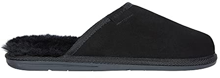 Vanuba Soay Handmade Herrenhausschuhe, Naturleder, 100% Schafwolle, Warme und Bequeme Hausschuhe, Velours Schwarz, Leder Schwarz, 41 EU